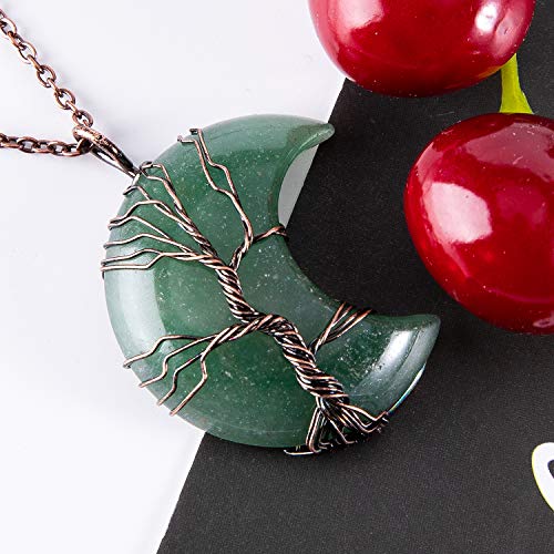 Bivei Life Tree Crescent Moon Necklaces for Women | Copper Wire Wrap Gemstones Pendant Crystals and Natural Stones Necklace Witch Jewellery Christmas Valentine's Day for Friends - color: Green - Green Aventurine, style: Pack of 1