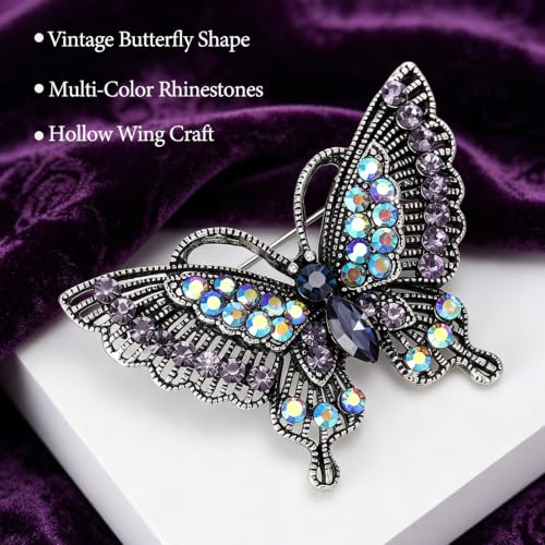 Gold Butterfly Rhinestone Brooch Pin for Women Exquisite Golden Brooch Pin Elegant Dress Broochs Pins Suit Shirt Broochs Pins Butterfly Jewelry Accessories Gift - color: Dark Purple