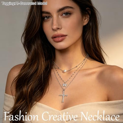 24 Pcs Y2K Necklace Set, Layered Grunge Emo Jewelry Pack With Cross, Butterfly, Heart, Moon, Star, and Pearl Chain Pendant Accessories, Daily Wear Gifts for Women - color: 24 Pcs Silver