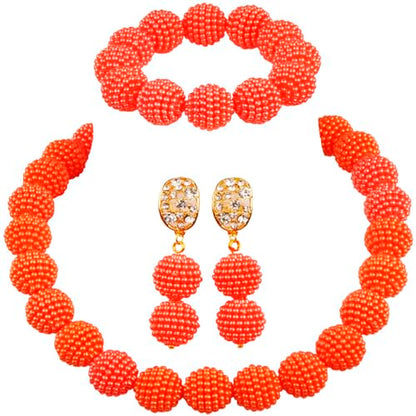 Nigerian Wedding African Beads Jewelry Set Women Simulated Pearl Necklace and Earrings - color: Orange
