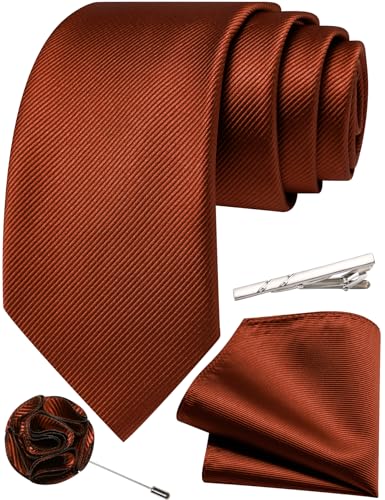 Solid Color Tie and Pocket Square with Tie Clip Lapel Pin Silk Formal Necktie Set Wedding Formal - color: Rust