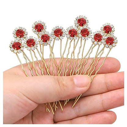 Ammei Crystal Bridal Hair Pins Clips Wedding Hair Accessories Hair Set Jewelry With Rhinestone For Brides and Bridesmaids Set Of 12 (Red) - color: Red