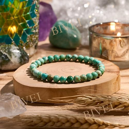 Bivei 6mm Beaded Bracelets for Women Handmade Semi Precious Natural Stone Stretch Elastic Jewelry Yoga Protection Gifts - color: Green Turquoise - Balance, size: Medium 6.8-7.3 inch
