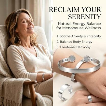 Calming Bracelet Ring Set for Women, Menopause Bracelets Adjustable Bangle Stainless Steel Cuff Climacterium Anxiety Stress Relief Energy Open Jewelry Gift - color: Silver PRO + Silver