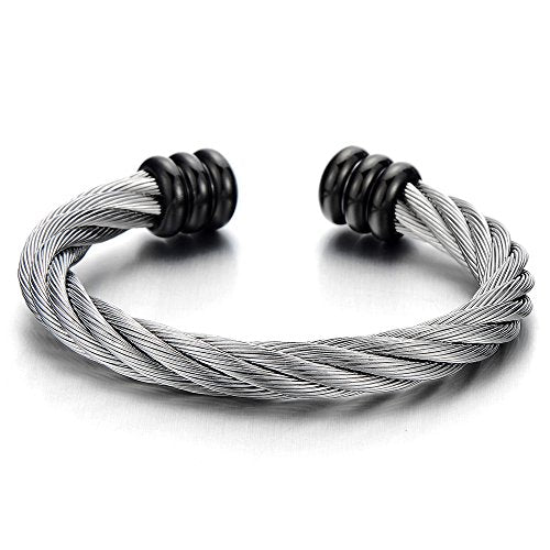 COOLSTEELANDBEYOND Large Elastic Adjustable Steel Twisted Wire Cuff Bangle Bracelet for Men Women - color: E-Metal Color: Silver & Black