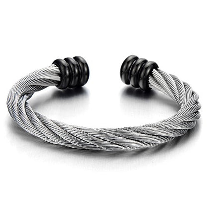 COOLSTEELANDBEYOND Large Elastic Adjustable Steel Twisted Wire Cuff Bangle Bracelet for Men Women - color: E-Metal Color: Silver & Black