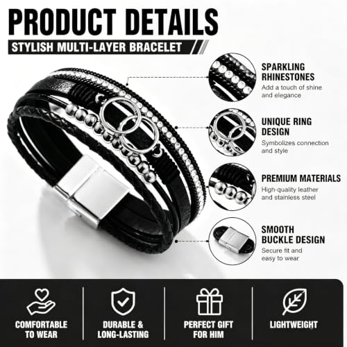 Leather Wrap Bracelets for Women, Boho Leopard Multi-Layer Crystal Beads Cuff Jewelry - color: J-Warp-006