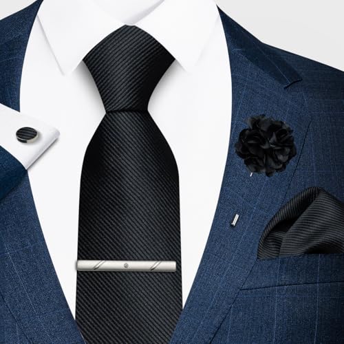 joy alice 30 Colors Solid Ties for Man Pure Color Men's Tie Set with Lapel Pin Pocket Square Tie Clip - color: Black