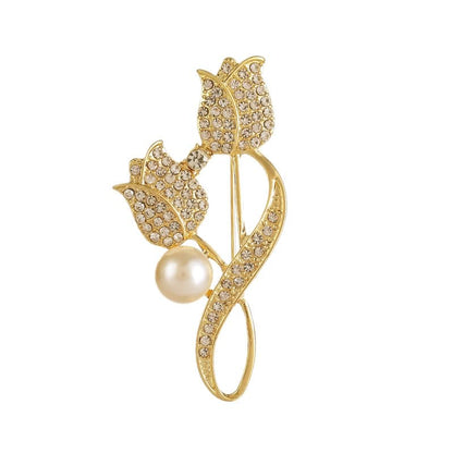 coadipress Tulip Floral Brooch Pin for Women Dainty Gold Plated Rhinestone Pearl Tulip Flower Green Leaf Broochs Pins Trendy Wedding Party Jewelry Accessories - style: Gold