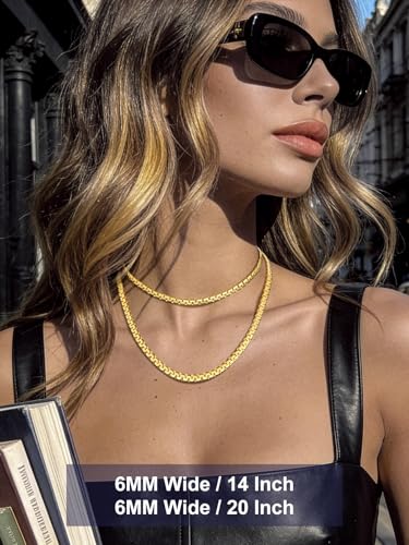 Bandmax Solid Stainless Steel Flat Box Link Chains 2MM/4MM/6MM/8MM Silver/Gold/Black Rolo Cable Chain Necklaces for Men Women 14"-30" Length, Gift Packed - color: 09 6MM-14K Gold Plated