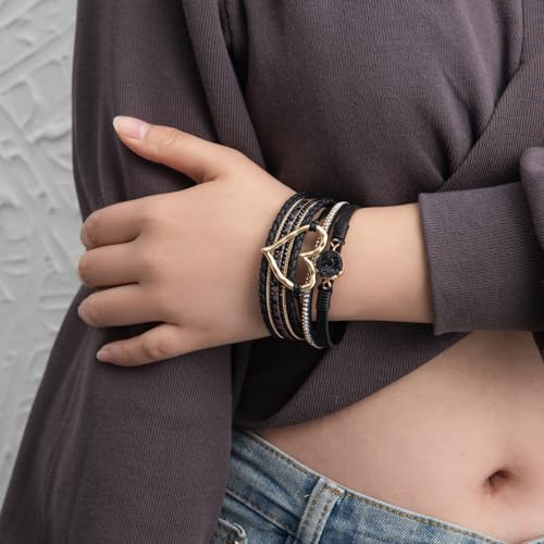 Rantanto Leather Wrap Bracelets For Women Gold Twist Lock Buckle Wrist Cuff | PU leather,Skin-friendly,Boho Stackable Wristband,Fashion Daily Jewelry,Trend Casual Party Bangle,Fit For Birthday, Holiday - color: Heart Black