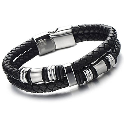 COOLSTEELANDBEYOND Mens Double-Row Braided Leather Bracelet Bangle Wristband with Black Stainless Steel Ornaments - color: B-Black Silver