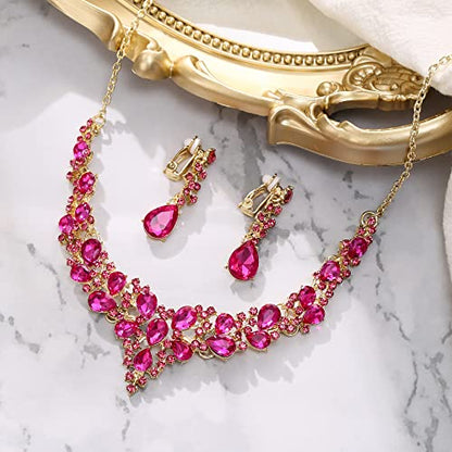 Wedding Statement Necklace Clip-on Earrings Jewelry Set | Sparkling Austrian Crystal Teardrop Cluster for Party Prom Accessories - color: 03-Fuchsia Gold-Tone