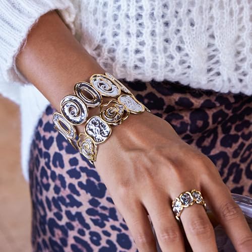 Stylish Two Tone Jewelry Stainless Steel Hammered Bangle Open Cuff Design Twist Cutout Detail Comfortable Wear Twist Openwork Adjustable Wristband - color: A
