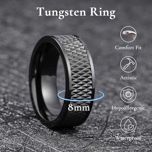 King Will Mens Tungsten Carbide Wedding Band with Groove Design | 6/7/8mm Width, Grooved, Comfort Fit, Everyday Wear - color: Black&Pipe Cut-8mm