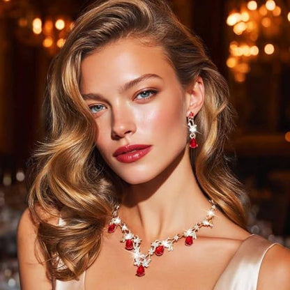 Gold Rhinestone Jewelry Set Bridal Wedding Necklace Earrings Sets Prom Formal Costume Jewelry for Women and Brides - color: Red