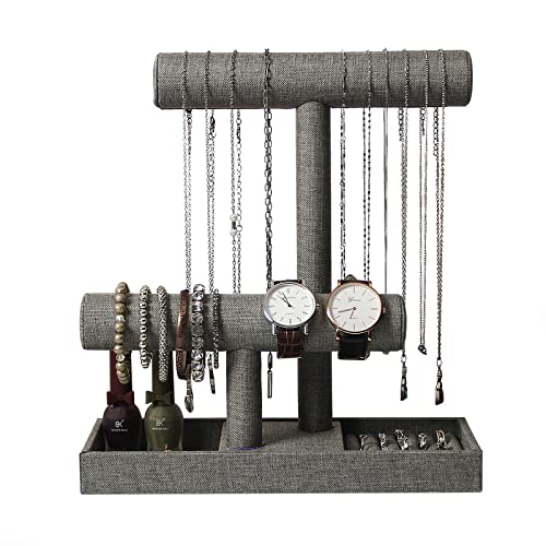 Coward 2 Tier Necklace Bracelet Holder Organizer with Ring Tray, Linen Jewelry Display Stand for Watch Scrunchie Lipstick, Perfumes,Nail polish (Gray Linen) - color: Gray