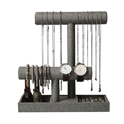 Coward 2 Tier Necklace Bracelet Holder Organizer with Ring Tray, Linen Jewelry Display Stand for Watch Scrunchie Lipstick, Perfumes,Nail polish (Gray Linen) - color: Gray