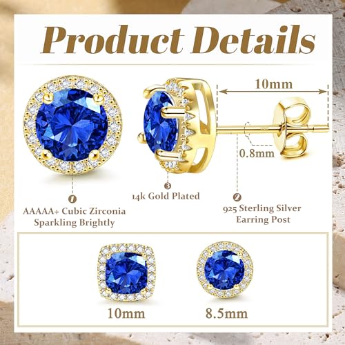 18K Gold Plated Halo Stud Earrings 925 Sterling Silver Cubic Zirconia Stud Earrings Round Square Diamonique Stud Earrings Set for Women Men - color: Gold&Blue