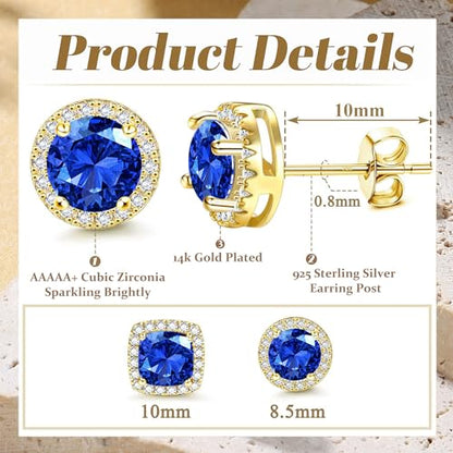 18K Gold Plated Halo Stud Earrings 925 Sterling Silver Cubic Zirconia Stud Earrings Round Square Diamonique Stud Earrings Set for Women Men - color: Gold&Blue