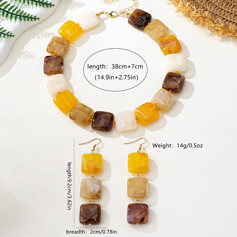 Retro Square Resin Beaded Jewelry Set Bohemia Vintage Adjustable Geometric Acrylic Beaded Choker Necklaces Dangle Earrings for Women Boho Trendy Wedding Party Statement Jewelry Gifts - style: StyleB