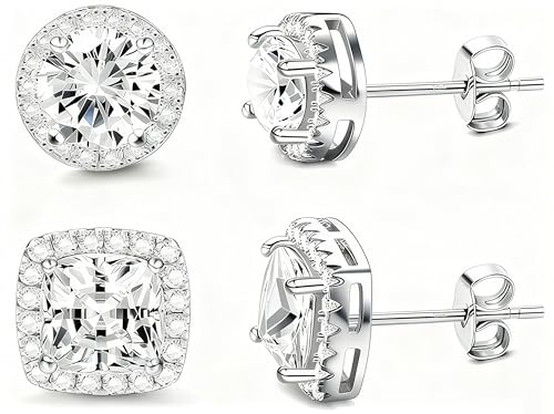 18K White Gold Plated Round Square Cubic Zirconia Simulated Diamond Halo Stud Earrings 2 pairs Set - color: White Gold