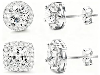 18K White Gold Plated Round Square Cubic Zirconia Simulated Diamond Halo Stud Earrings 2 pairs Set - color: White Gold