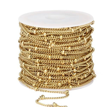 33FT 2mm 18K Gold Plated Satellite Curb Chains Roll Bulk for Jewelry Making | 304 Stainless Steel Gold Ball Beaded Twisted Link Satellite Chain Spool for DIY Craft - color: Gold Small Beads Satellite Curb Chain