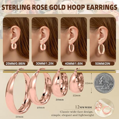 Senteria 12mm Wide Thick Sterling Silver Hoop Earrings Hypoallergenic | 14K Real Gold Plated Hoops Large Earring Lightweight Chunky Hoops Earring for Women Gift for Birthday Christmas 25/30/40/50MM - color: Rose Gold-25mm