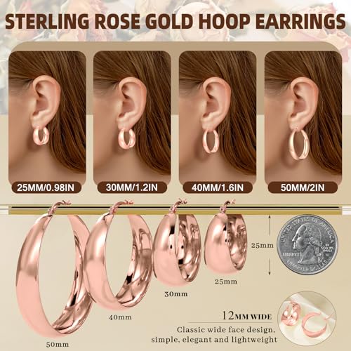 Senteria 12mm Wide Thick Sterling Silver Hoop Earrings Hypoallergenic | 14K Real Gold Plated Hoops Large Earring Lightweight Chunky Hoops Earring for Women Gift for Birthday Christmas 25/30/40/50MM - color: Rose Gold-40mm