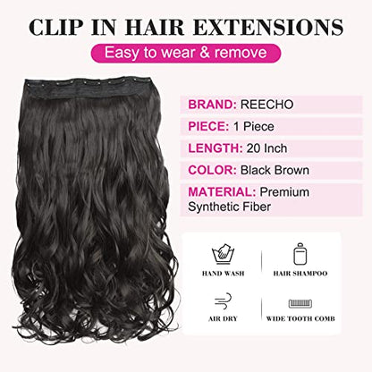 REECHO 20" 1-Pack 3/4 Full Head Curly Wave Clips in on Synthetic Hair Extensions HE008 Hairpieces for Women 5 Clips 4.5 Oz per Piece - Black brown - color: Black Brown, size: 20 Inch (Pack of 1)