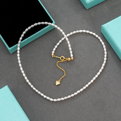Pearls Necklace, Freshwater Tiny Small Pearls Necklace for Women's Pearl Strand Necklace Chain 18K Gold Plated Hypoallergenic White Necklace as Prom Bridesmaid Birthday Gifts - color: Rice Pearls, 18KWGP Lock