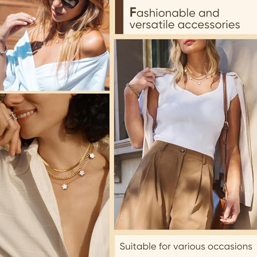MPRAINBOW Gold Layered Necklace for Women - 3Pcs 18K Gold Plated Floral Necklaces, Stainless Steel Stackable Cuban Link Chain Non Tarnish Trendy Jewelry, Herringbone Chains Christmas Birthday Gifts - color: White