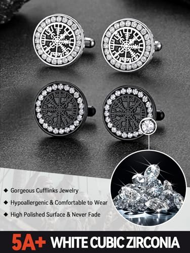 FaithHeart Mens Cufflinks, Norse Viking Tuxedo Shirt Cuff Links, Stainless Steel Cuff Links and Shirt Studs, Gift Box - style: 01. Compass CZ-Silver