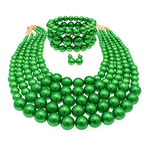 JNF Large Faux Pearl Necklaces for Women Multi strand Pearl Necklace Bracelet and Earrings Set 1920s Costume Pearls Necklace Jewelry Accessories - color: Green Pearl Necklace set