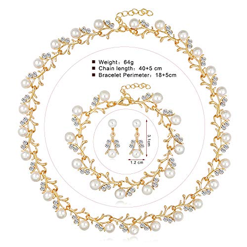 tenghong2021 Fashion Classic Faux Pearl Jewelry Set Necklace Bracelet Earrings for Women Best Gift - color: Gold Leaf