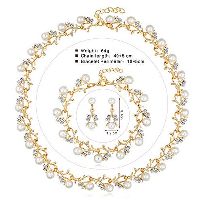 tenghong2021 Fashion Classic Faux Pearl Jewelry Set Necklace Bracelet Earrings for Women Best Gift - color: Gold Leaf