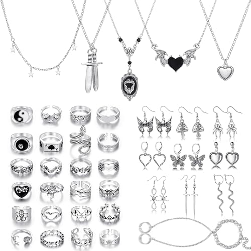 KISS WIFE Gothic Jewelry Set for Women, Necklace Earrings Rings Bracelet | Vintage silver-tone necklaces, earrings, rings and a chain bracelet feature snake, heart, butterfly and dagger designs.