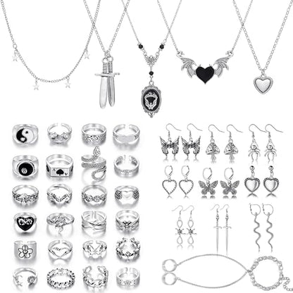 KISS WIFE Gothic Jewelry Set for Women, Necklace Earrings Rings Bracelet | Vintage silver-tone necklaces, earrings, rings and a chain bracelet feature snake, heart, butterfly and dagger designs.