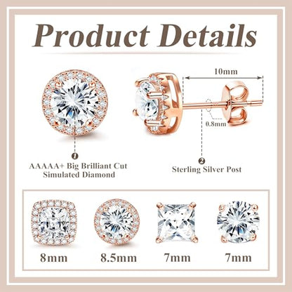 MILACOLATO S925 Sterling Silver Stud Earrings for Women Men Hypoallergenic 18K Gold Plated Cubic Zirconia Earrings Studs Brilliant Simulated Diamond Halo Earring for Sensitive Ears - style: 18K Rose Gold Plated - Medium Size CZ