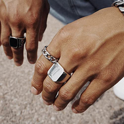 GoldChic Jewelry Personalized Signet Rings Men Women, Stainless Steel Custom Photo Bold Square/Oval Monogram/Old English Initial Pinky Stacking Statement Ring in Black/Silver/Gold (Size 7-14) - color: Steel-Blank - Square