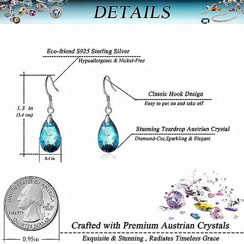 Austrian Crystal Teardrop Drop Earrings for Women, French Hook | 925 Sterling Silver Hook, Crystal Dangle Earrings, Sparkly Teardrop Stone, Lightweight Feel, Day-To-Evening Wear - color: Bermuda Blue