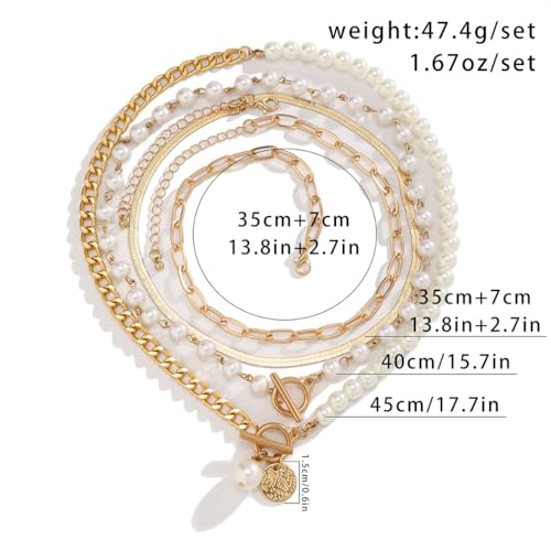 Chunky Gold Layered Big Pearl Necklaces Set Bulk for Women Trendy | Luxury Stack Half Chain Half Pearl Beads Statement Necklace OT Buckle Paperclip Choker Vintage Coin Pendant Necklaces Jewelry