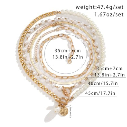 Chunky Gold Layered Big Pearl Necklaces Set Bulk for Women Trendy | Luxury Stack Half Chain Half Pearl Beads Statement Necklace OT Buckle Paperclip Choker Vintage Coin Pendant Necklaces Jewelry