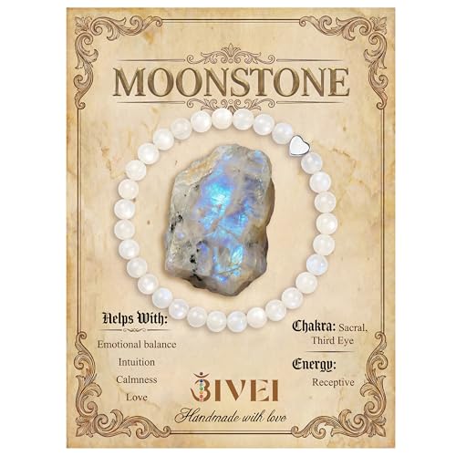 Bivei Crystal Stretch 6mm Bracelets for Women | Handmade Natural Stone Beaded Stretch Bracelet, Stainless Steel Heart Bead, Tranquility Yoga Gift Jewelry for Women - color: Moonstone - Receptive