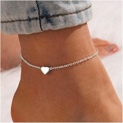ChicSilver Personalized 925 Sterling Silver Tiny Heart/Moon/Star/Sun/Dot/Triangle Anklets Simple Dainty Foot Jewelry for Women, Silver/Gold Plated/Rose Gold Plated - style: Silver Heart