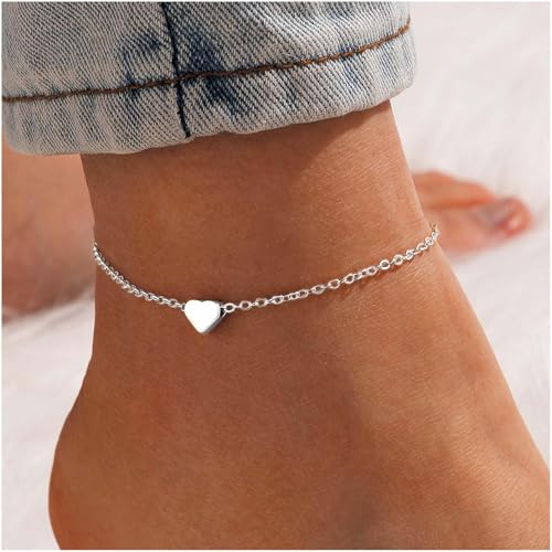 ChicSilver Personalized 925 Sterling Silver Tiny Heart/Moon/Star/Sun/Dot/Triangle Anklets Simple Dainty Foot Jewelry for Women, Silver/Gold Plated/Rose Gold Plated - style: Silver Heart Custom