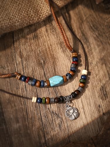MINACHI Layered Boho Wood Bead Choker Necklace, Hollow Flower Charm, Personality Jewelry for Men and Women - style: Necklace L10-030