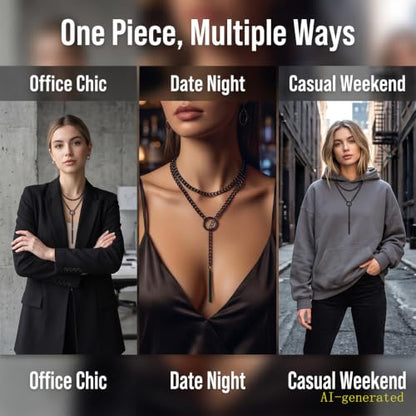 Heart O Ring Slip Chain Choker Necklace for Women Men Stainless Steel Cuban Chain Y-shape Necklaces Punk Rock Collar Adjustable Lariat Y Necklace Prom Necklaces Jewelry - color: Long black bar