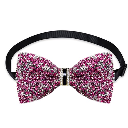 DiBanGu Mens Rhinestone Bow Tie with Ring and Lapel Pin Set | Adjustable Strap,Pre-tied Style,3PCS,Sequin Diamond Bowties，Solid/Mix Color,Shiny Accessory,for Party Prom Banquet Wedding - color: Hot Pink